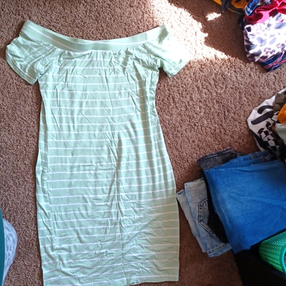 Mint green stripped shoulder dress